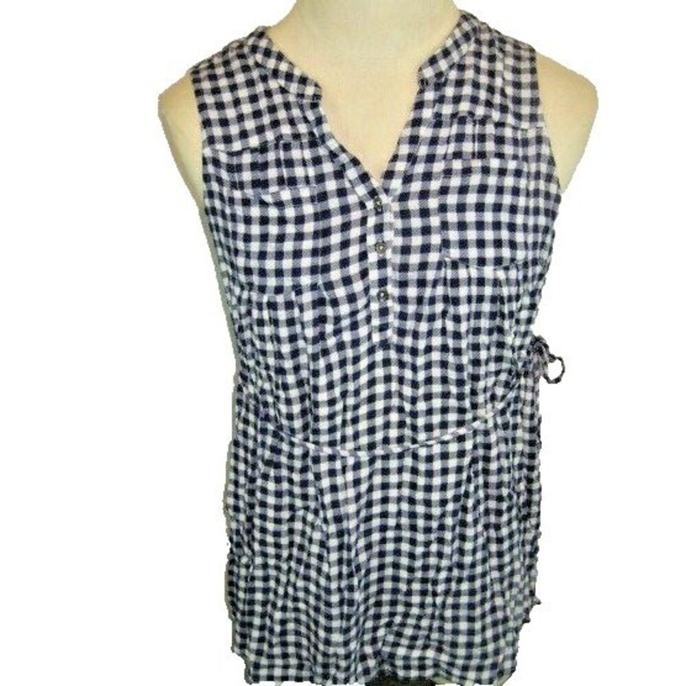 Motherhood Blue/WhiteCheck Jersey Sleeveless 1/4 Button Maternity Shirt Top sz L